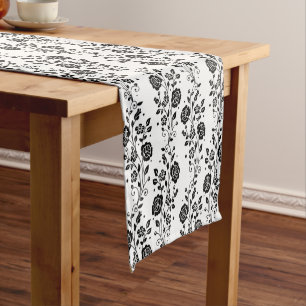Elegant Black And White Floral Pattern Short Table Runner