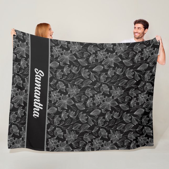 Elegant Black and White Floral Personalised  Fleece Blanket (In Situ)