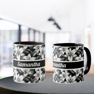 Elegant Black and White Floral Personalised Mug
