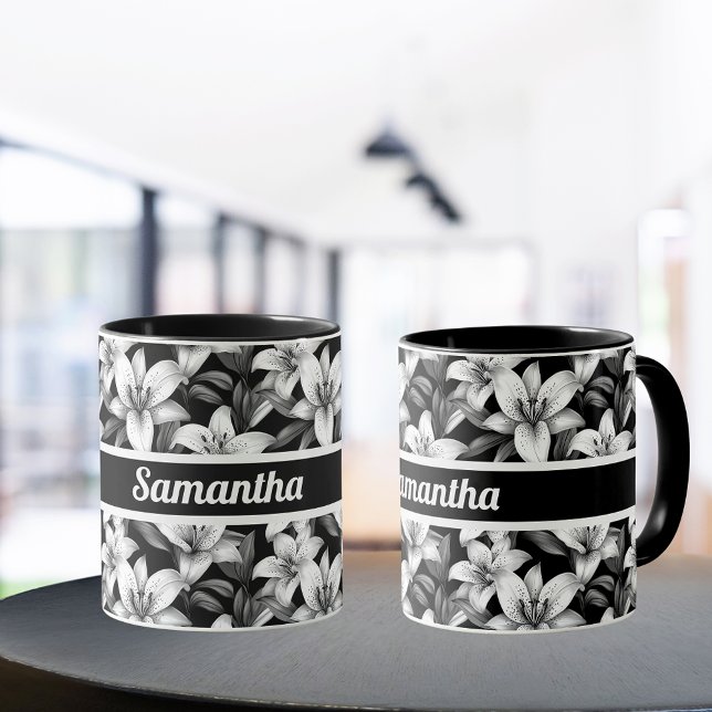 Elegant Black and White Floral Personalised  Mug  (Creator Uploaded)