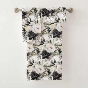 Elegant Black and White Floral Roses Towel Set