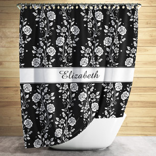 Elegant Black And White Floral Shower Curtain