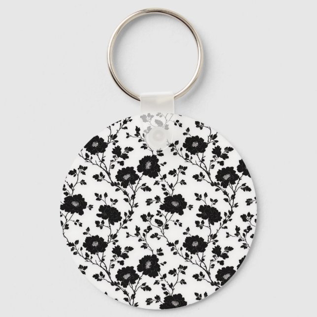 Elegant Black And White Floral Silhouette Botanica Key Ring (Front)