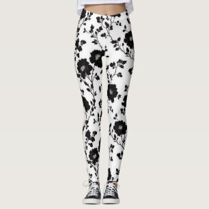 Elegant Black And White Floral Silhouette Botanica Leggings
