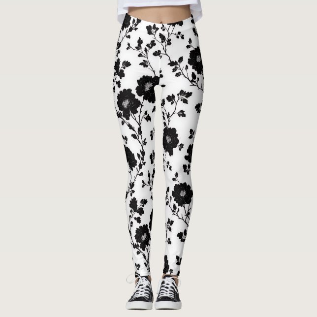 Elegant Black And White Floral Silhouette Botanica Leggings (Front)