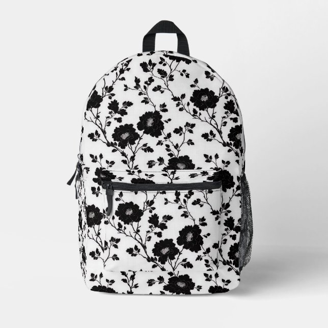 Elegant Black And White Floral Silhouette Botanica Printed Backpack (Front)