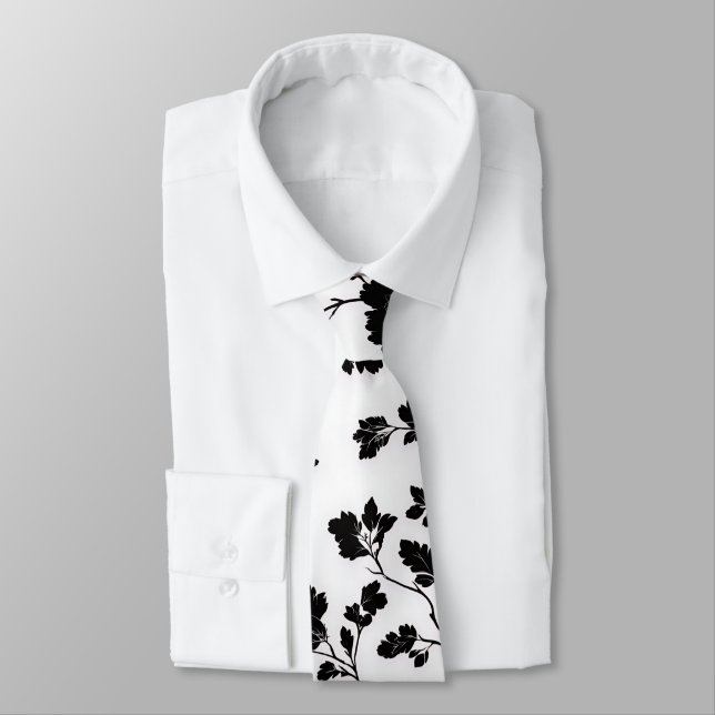 Elegant Black And White Floral Silhouette Botanica Tie (Tied)