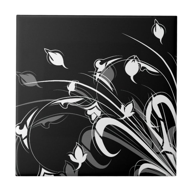 Elegant Black and White Floral Tile (Front)