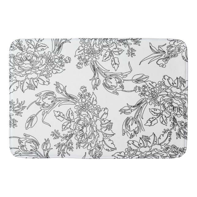 Elegant Black and White Floral Toile Bath Mat (Front)