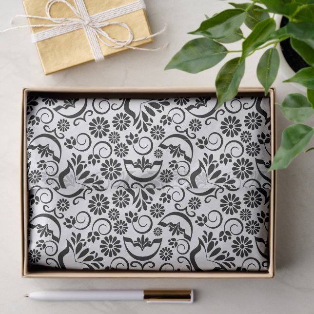 Elegant Black and White Floral Vintage Scrollwork Tissue Paper (Gift)