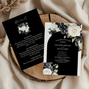 Elegant Black and White Floral Wedding + Details Invitation