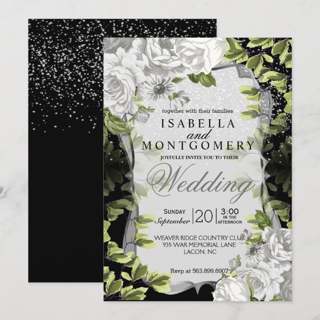 Elegant Black and White Floral Wedding Invitation (Front/Back)