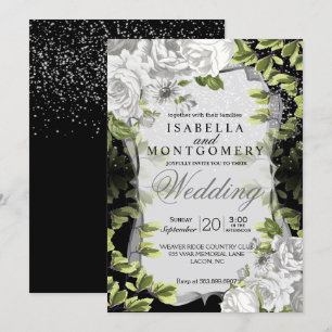Elegant Black and White Floral Wedding Invitation