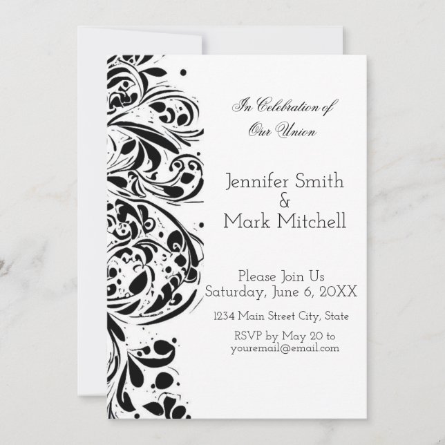 Elegant Black and White Floral Wedding Invitation (Front)