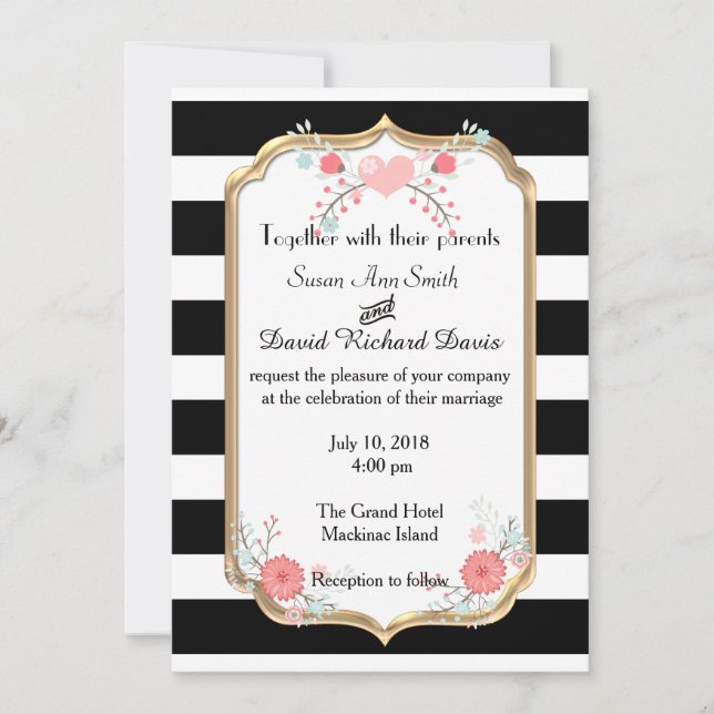 Elegant Black and White Floral Wedding Invitation (Front)