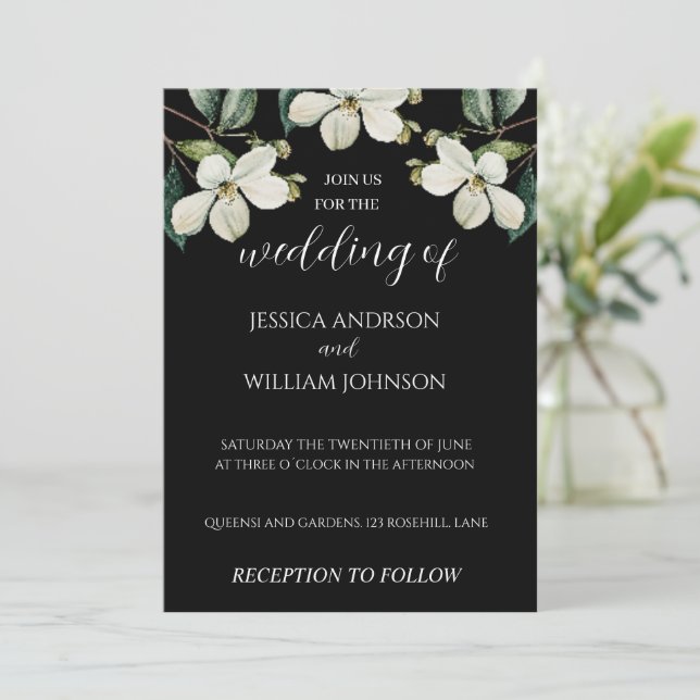 Elegant Black and White Floral Wedding invitation (Standing Front)