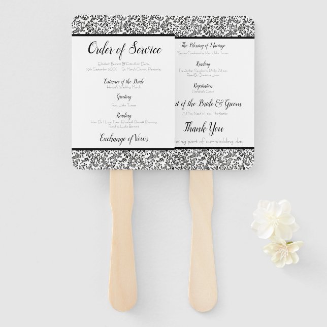 Elegant Black and White Floral Wedding Program Hand Fan (Front and Back)