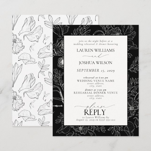 Elegant Black and White Floral Wedding Rehearsal Invitation (Front/Back)