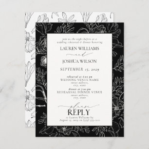 Elegant Black and White Floral Wedding Rehearsal Invitation