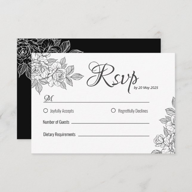 Elegant Black and White Floral Wedding RSVP Card (Front/Back)