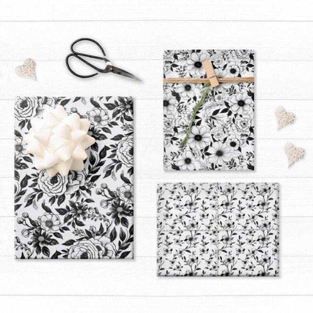 Elegant Black and White Floral Wrapping Paper Sheet (Elegant flowers decorate this pretty gift wrap sheet set.)