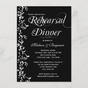 Elegant Black and White Flourish Rehearsal Dinner Invitation