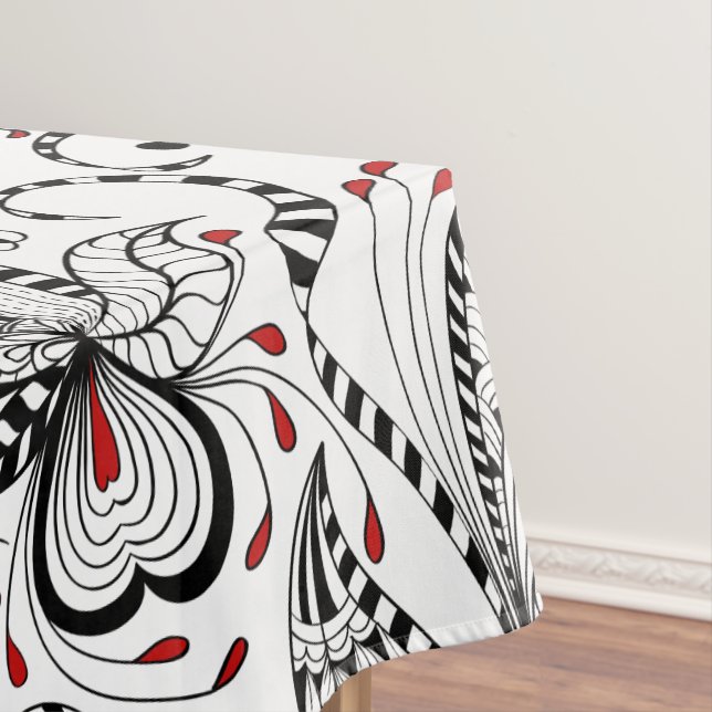 Elegant Black And White Flowers & Hearts Tablecloth (In Situ)
