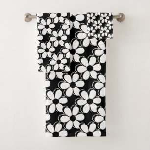 Elegant Black and White Flowers on Black Bath Towel Set