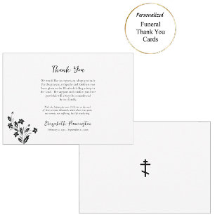 Elegant Black and White Flowers Orthodox Funeral  Thank You Card