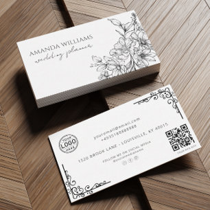 Elegant Black and White Flowers QR Code  Business Card