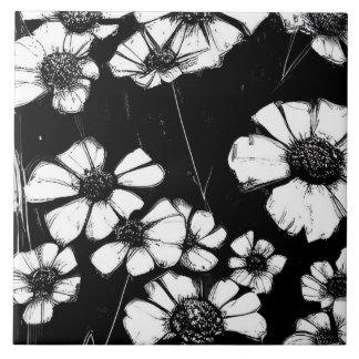 Elegant Black And White Flowers Tile