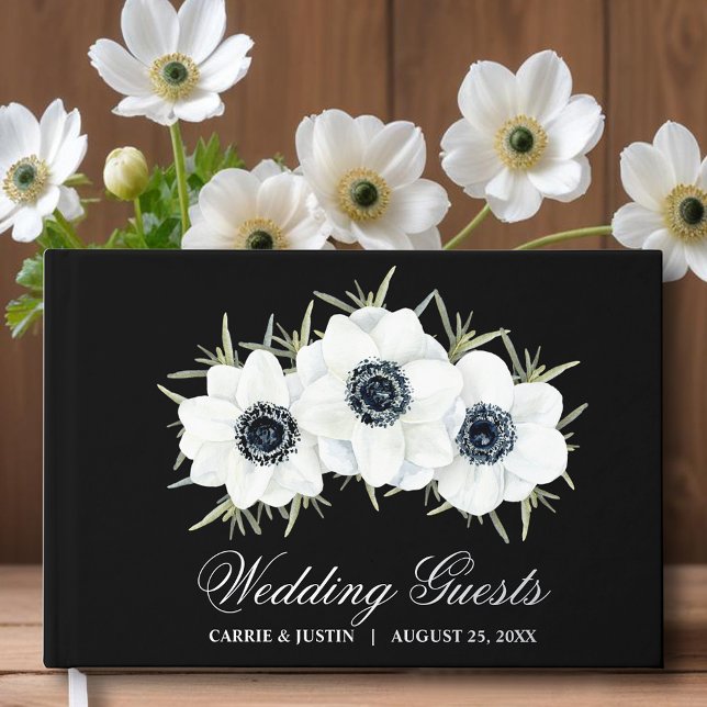 Elegant Black and White Flowers Wedding Guest Book (Black and white flowers wedding guest book, your details in silver, gold or rose gold real foil)