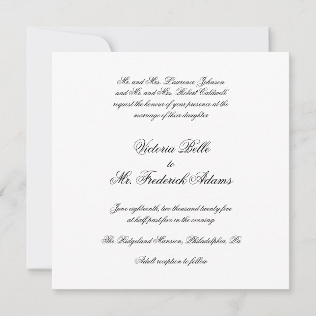 Elegant Black and White Formal Calligraphy Wedding Invitation (Front)