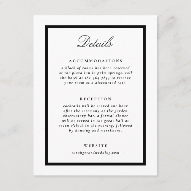 Elegant Black and White Formal Wedding Details Enclosure Card (Front)