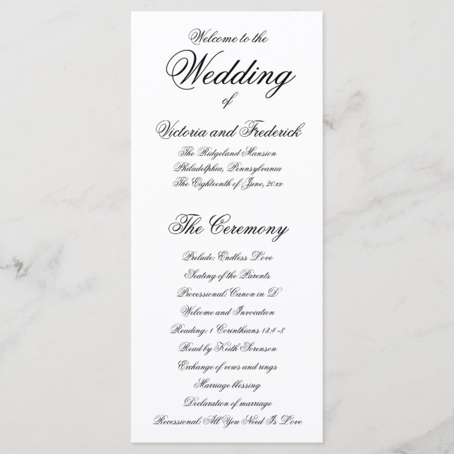 Elegant Black and White Formal Wedding Programme (Front)