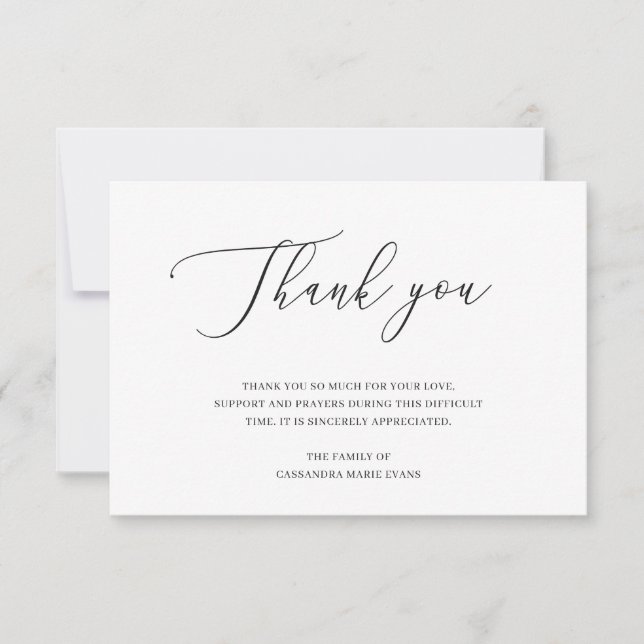 Elegant Black and White Funeral Acknowledgement Thank You Card (Front)