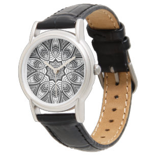 Elegant Black And White Geometric Floral Lace Watch