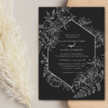 Elegant Black and White Geometric Floral Wedding Invitation<br><div class="desc">Elegant colour and geometric design make this invitation stunning. This design features a dramatic black backgroun,  a lovely floral botanical line drawn sketch,  and custom typography with a geometric border on the front. The reverse side features a lovely floral tapestry.</div>