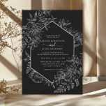 Elegant Black and White Geometric Floral Wedding Invitation<br><div class="desc">Elegant colour and geometric design make this invitation stunning. This design features a dramatic black backgroun,  a lovely floral botanical line drawn sketch,  and custom typography with a geometric border on the front. The reverse side features a lovely floral tapestry.</div>