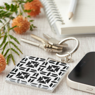 Elegant Black and White Geometric Pattern Key Ring