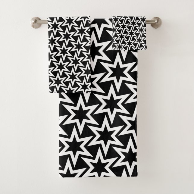 Elegant Black and White Geometric Star Pattern Bath Towel Set (Insitu)