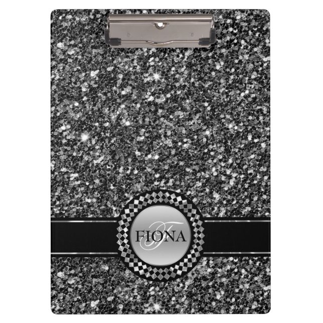Elegant Black And White Glitter Clipboard (Front)