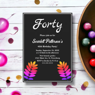 Elegant Black And White Glow Leaves 40th Birthday Invitation