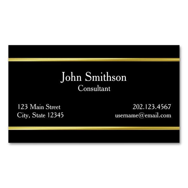 Elegant Black and White Gold Border Magnetic Business Card (Front)