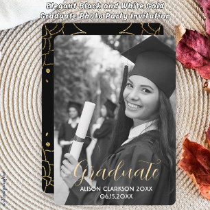 Elegant Black and White Gold Graduate Photo Party Invitation
