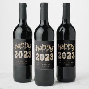 Elegant Black and White Gold Happy New Year 2023 Wine Label