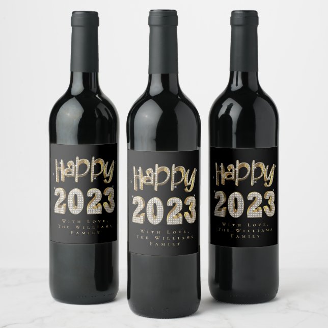 Elegant Black and White Gold Happy New Year 2023 Wine Label (Bottles)
