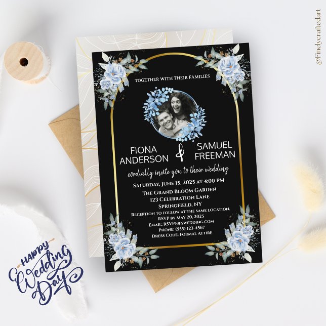 Elegant Black and White Gold Photo Wedding  Invitation (Creator Uploaded)