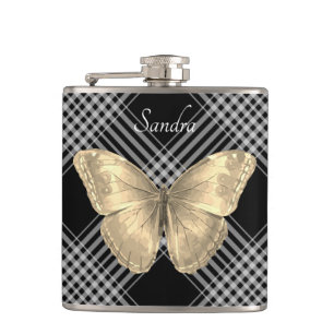 Elegant black and white golden Butterfly Hip Flask