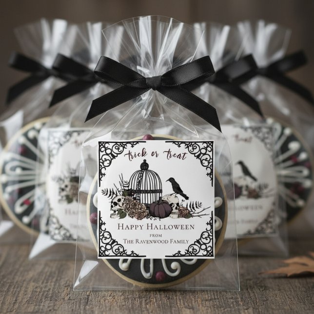 Elegant Black and White Gothic Happy Halloween Square Sticker (Chic Gothic Happy Halloween White Sticker for Fall Party or Trick or Treat Favors. Floral Birdcage)